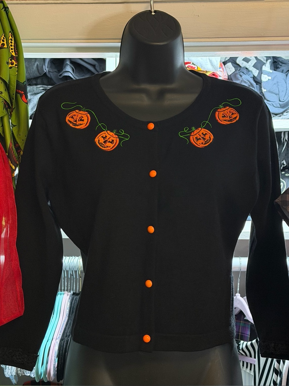 Sourpuss Pumpkin Queen Cropped Embroidered Cardigan Sweater Black